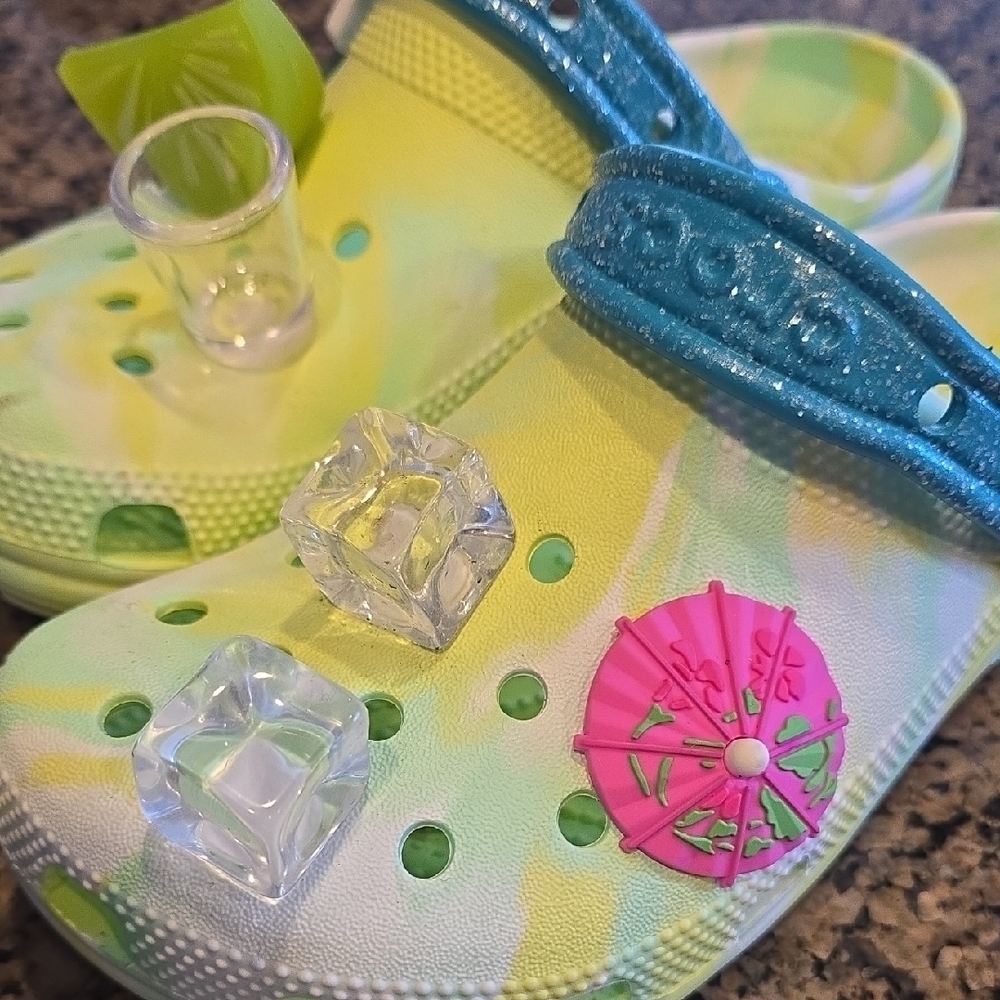 Margaritaville Yellow and Blue Crocs with Charms